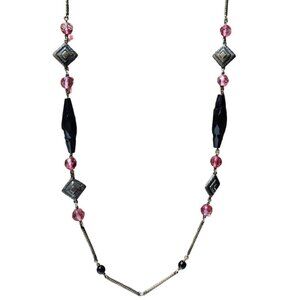 Vintage Elegant Pink Black Beaded Necklace Brass Accents Classic Fashion Jewelry